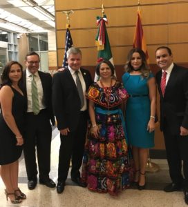 From left to right: Laura Verduzco, MA General Counsel James Ahlers, Enrique Franco, Consul General Claudia Franco Hijuelos, Carmen Martinez, Cesar Verduzco